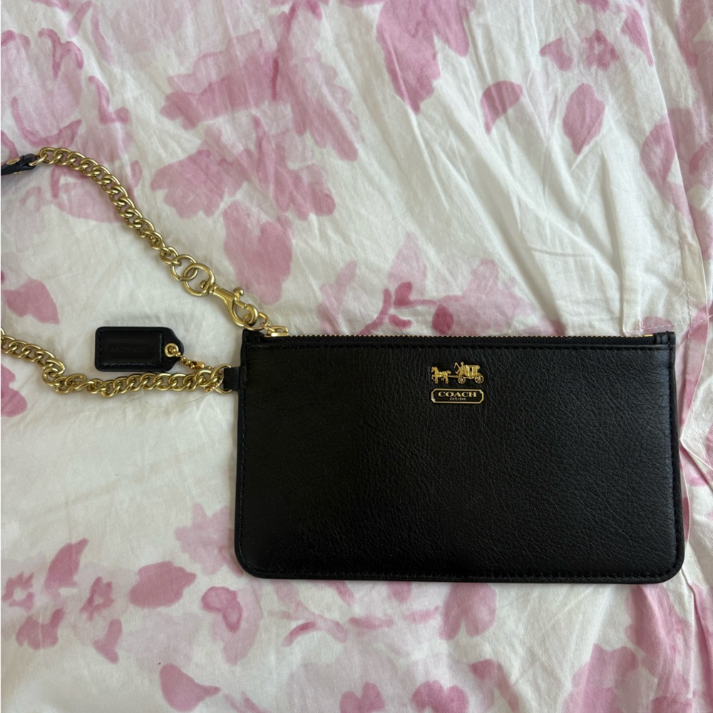 Coach Black Leather Zip Wristlet with Gold Hardware